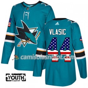 Camisola San Jose Sharks Marc-Edouard Vlasic 44 Adidas 2017-2018 Teal USA Flag Fashion Authentic - Criança